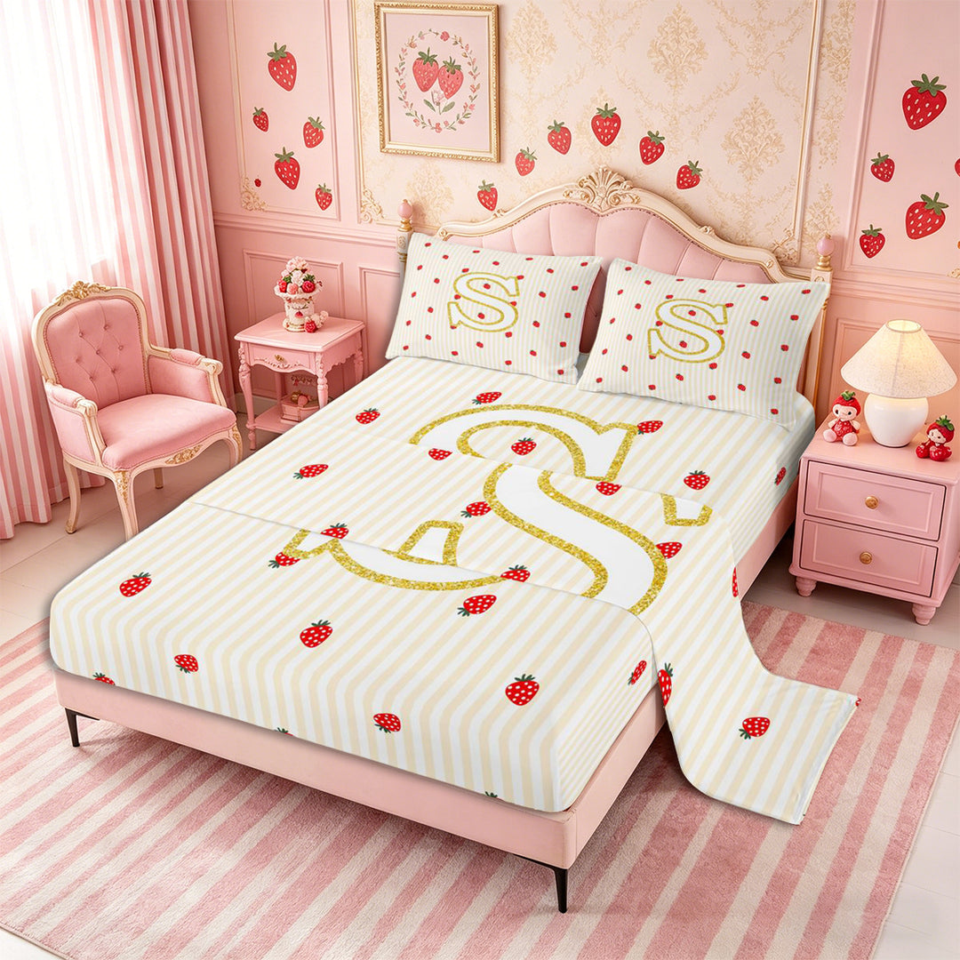 Meiyoeat Cute Gold Letter S Bed Sheets 4-Piece, Strawberry Stripe Print Full Size Sheets, Beige Red