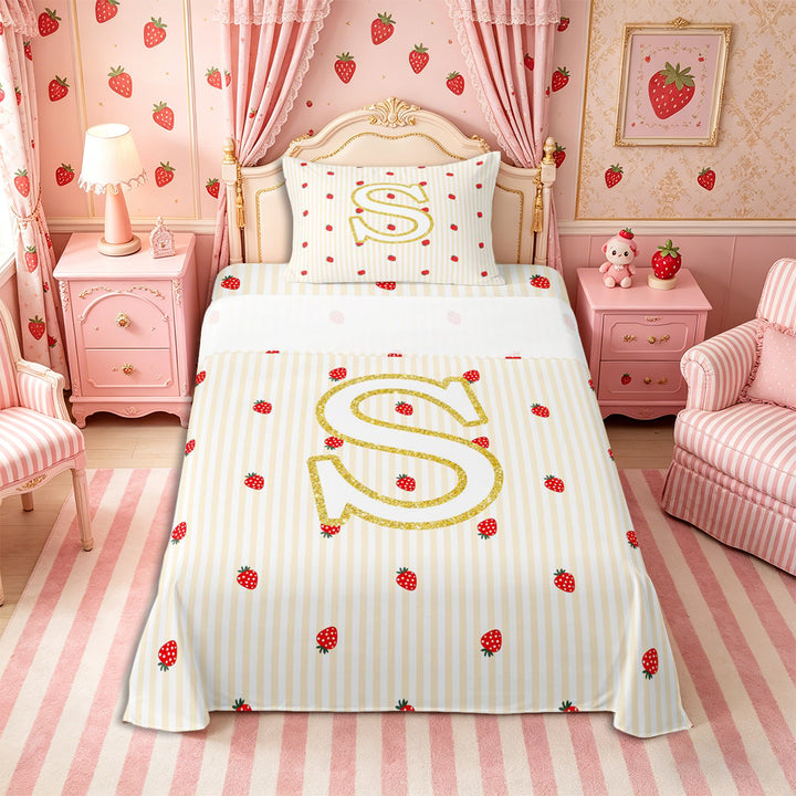 Meiyoeat Cute Gold Letter S Bed Sheets 4-Piece, Strawberry Stripe Print Full Size Sheets, Beige Red