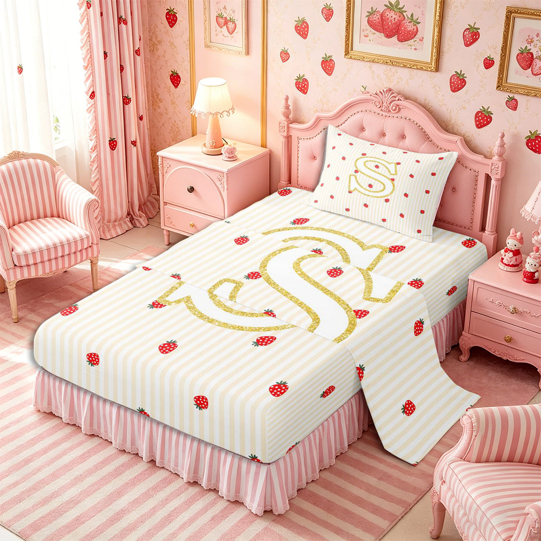 Meiyoeat Cute Gold Letter S Bed Sheets 4-Piece, Strawberry Stripe Print Full Size Sheets, Beige Red