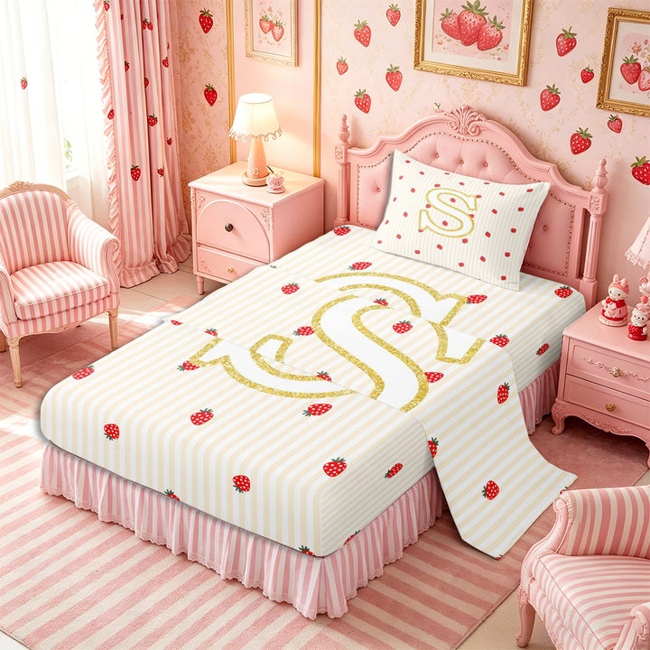 Meiyoeat Cute Gold Letter S Bed Sheets 4-Piece, Strawberry Stripe Print Full Size Sheets, Beige Red