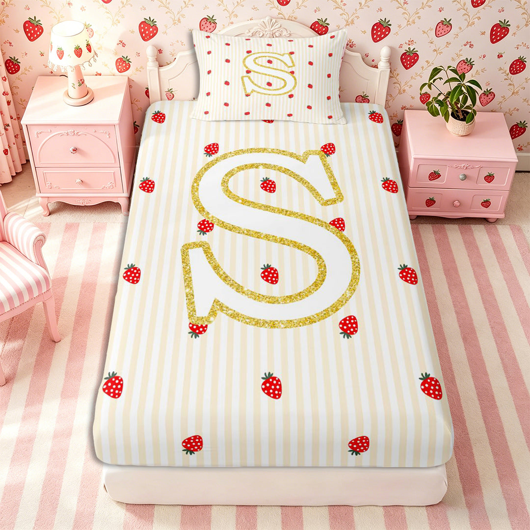 Meiyoeat Cute Gold Letter S Bed Sheets 4-Piece, Strawberry Stripe Print Full Size Sheets, Beige Red