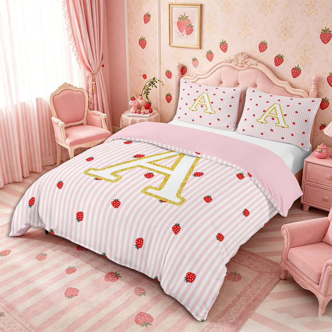 Meiyoeat Cute Gold Letter A Bedding for Girls, Strawberry Stripe Print Duvet Cover Full, Pink Red,Pink Reversible,3pcs,No Comforter