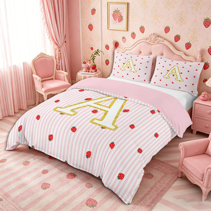Meiyoeat Cute Gold Letter A Bedding for Girls, Strawberry Stripe Print Duvet Cover Full, Pink Red,Pink Reversible,3pcs,No Comforter