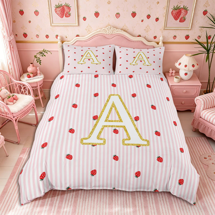 Meiyoeat Cute Gold Letter A Bedding for Girls, Strawberry Stripe Print Duvet Cover Full, Pink Red,Pink Reversible,3pcs,No Comforter