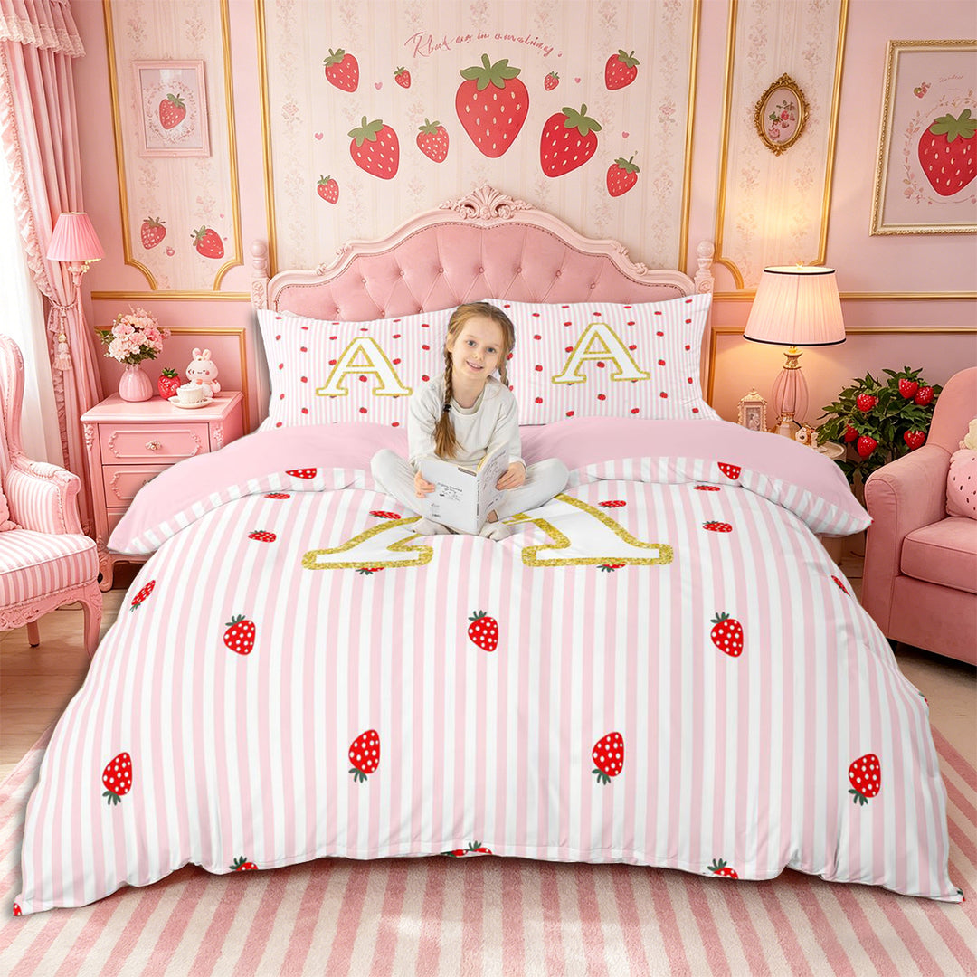 Meiyoeat Cute Gold Letter A Bedding for Girls, Strawberry Stripe Print Duvet Cover Full, Pink Red,Pink Reversible,3pcs,No Comforter