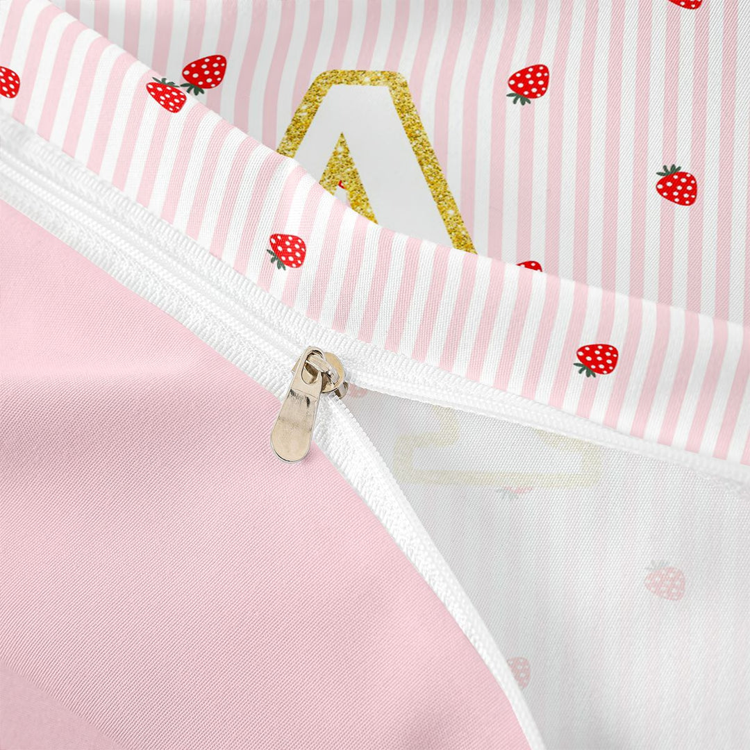 Meiyoeat Cute Gold Letter A Bedding for Girls, Strawberry Stripe Print Duvet Cover Full, Pink Red,Pink Reversible,3pcs,No Comforter