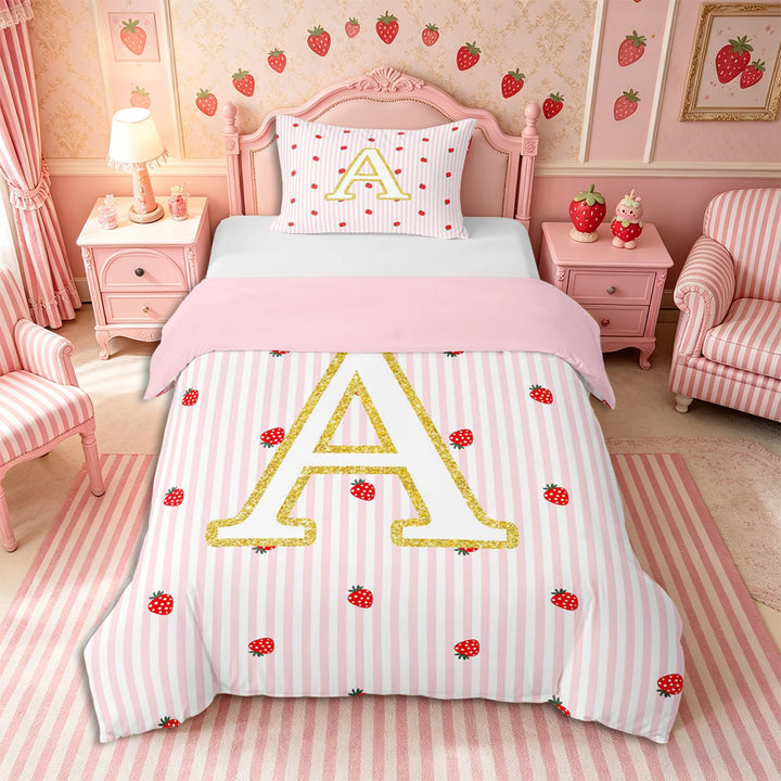 Meiyoeat Cute Gold Letter A Bedding for Girls, Strawberry Stripe Print Duvet Cover Full, Pink Red,Pink Reversible,3pcs,No Comforter