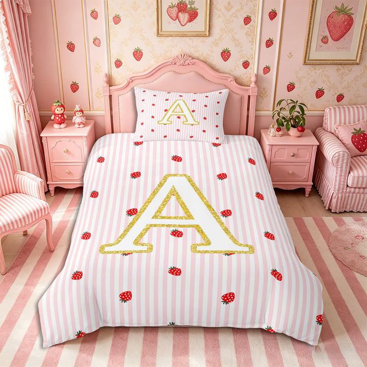 Meiyoeat Cute Gold Letter A Bedding for Girls, Strawberry Stripe Print Duvet Cover Full, Pink Red,Pink Reversible,3pcs,No Comforter