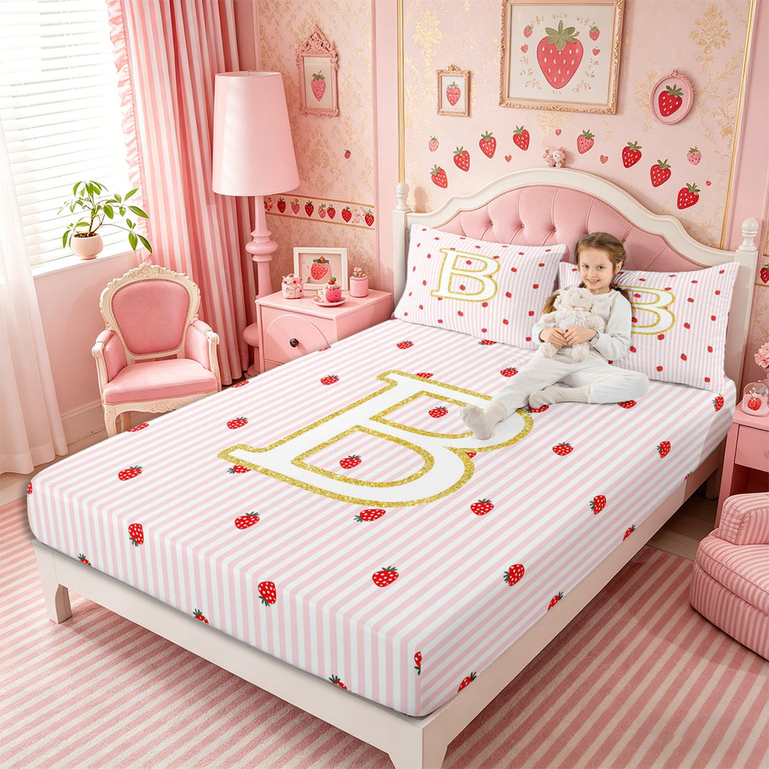 Meiyoeat Teens Gold Initial B Kawaii Strawberry Bed Sheets 4-Piece, Geometric Stripes Print Full Size Sheets, Pink Red