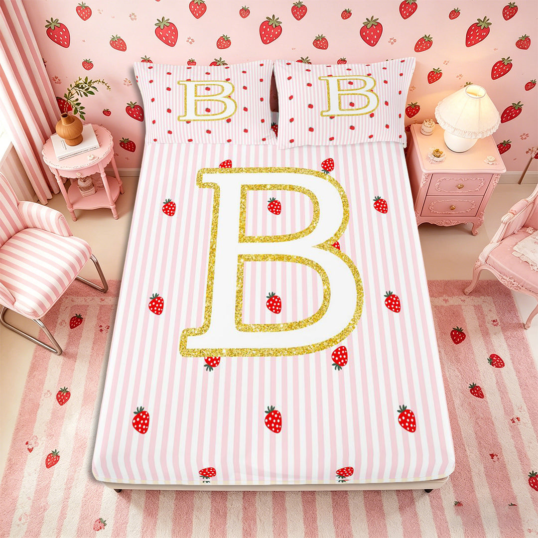 Meiyoeat Teens Gold Initial B Kawaii Strawberry Bed Sheets 4-Piece, Geometric Stripes Print Full Size Sheets, Pink Red