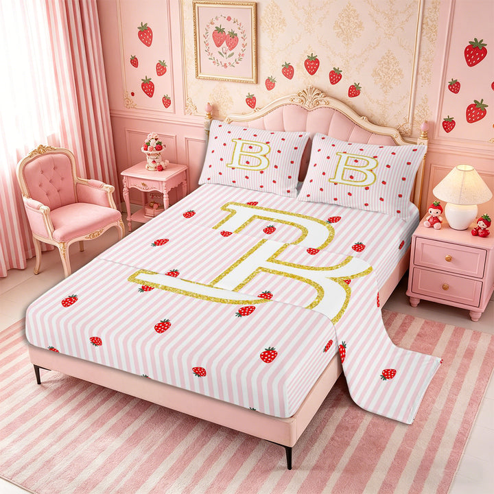 Meiyoeat Teens Gold Initial B Kawaii Strawberry Bed Sheets 4-Piece, Geometric Stripes Print Full Size Sheets, Pink Red