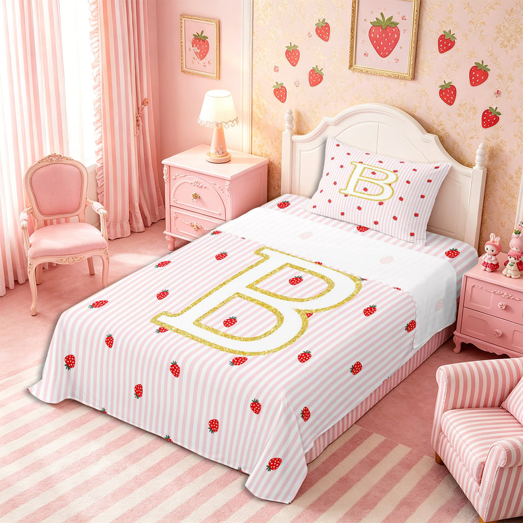 Meiyoeat Teens Gold Initial B Kawaii Strawberry Bed Sheets 4-Piece, Geometric Stripes Print Full Size Sheets, Pink Red