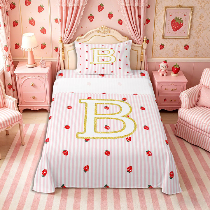 Meiyoeat Teens Gold Initial B Kawaii Strawberry Bed Sheets 4-Piece, Geometric Stripes Print Full Size Sheets, Pink Red