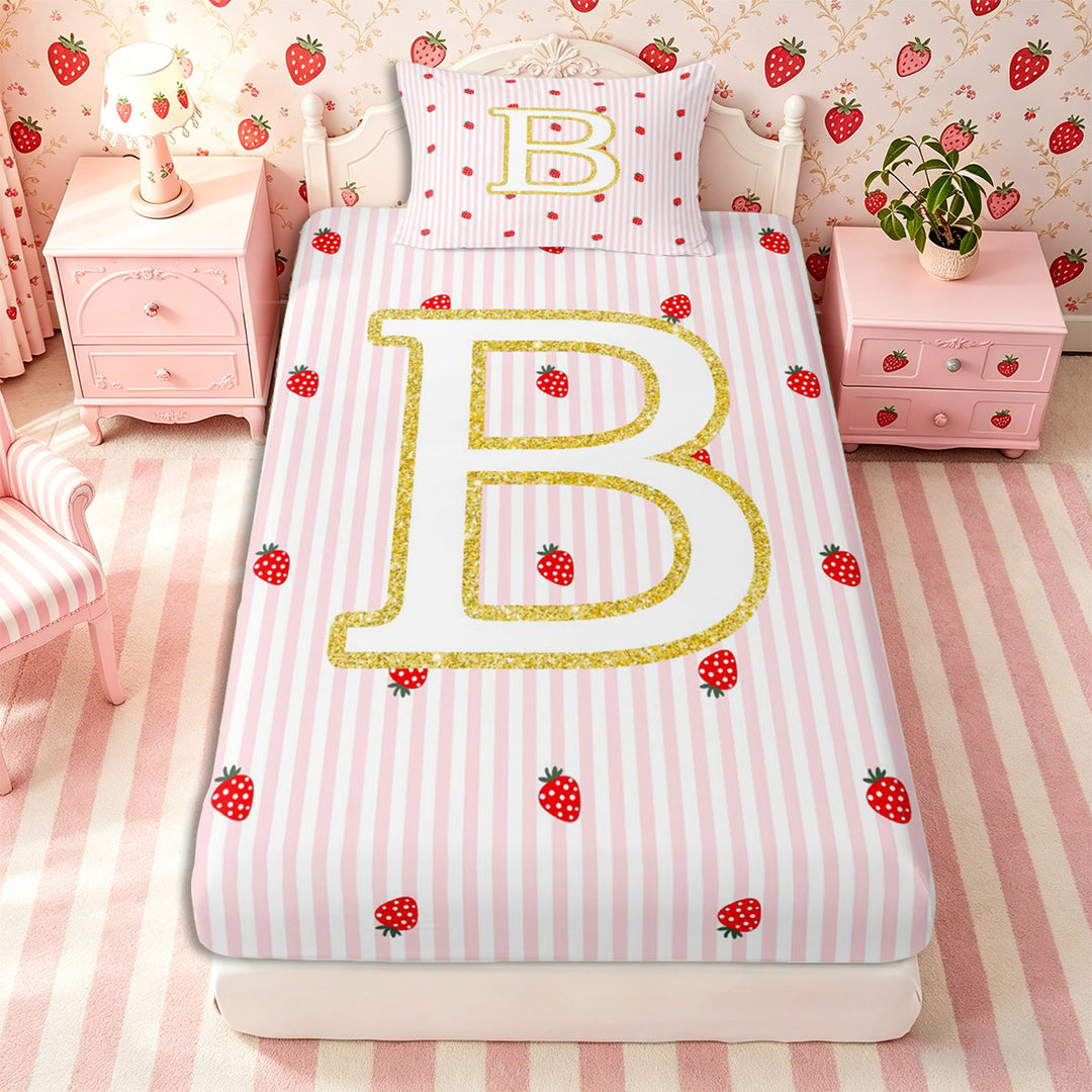 Meiyoeat Teens Gold Initial B Kawaii Strawberry Bed Sheets 4-Piece, Geometric Stripes Print Full Size Sheets, Pink Red