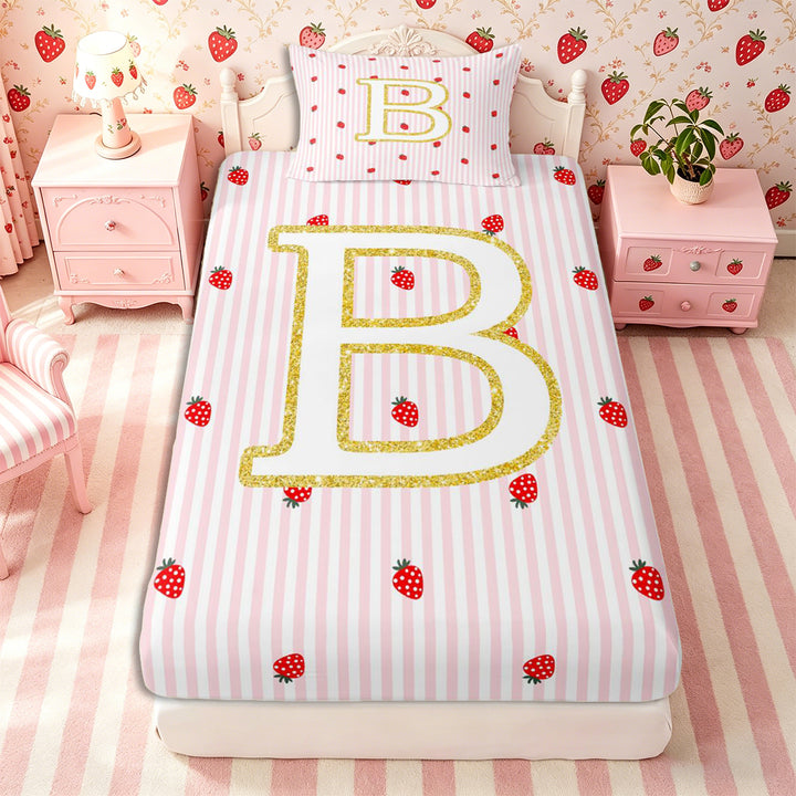 Meiyoeat Teens Gold Initial B Kawaii Strawberry Bed Sheets 4-Piece, Geometric Stripes Print Full Size Sheets, Pink Red