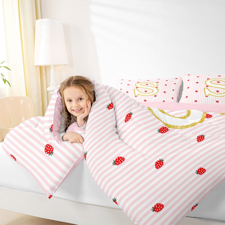 Meiyoeat Cute Gold Letter S Full Size Bedding Sets 7 Pieces for Girls, Strawberry Stripe Print Full Size Bed in a Bag, Pink Red,Pink Reversible