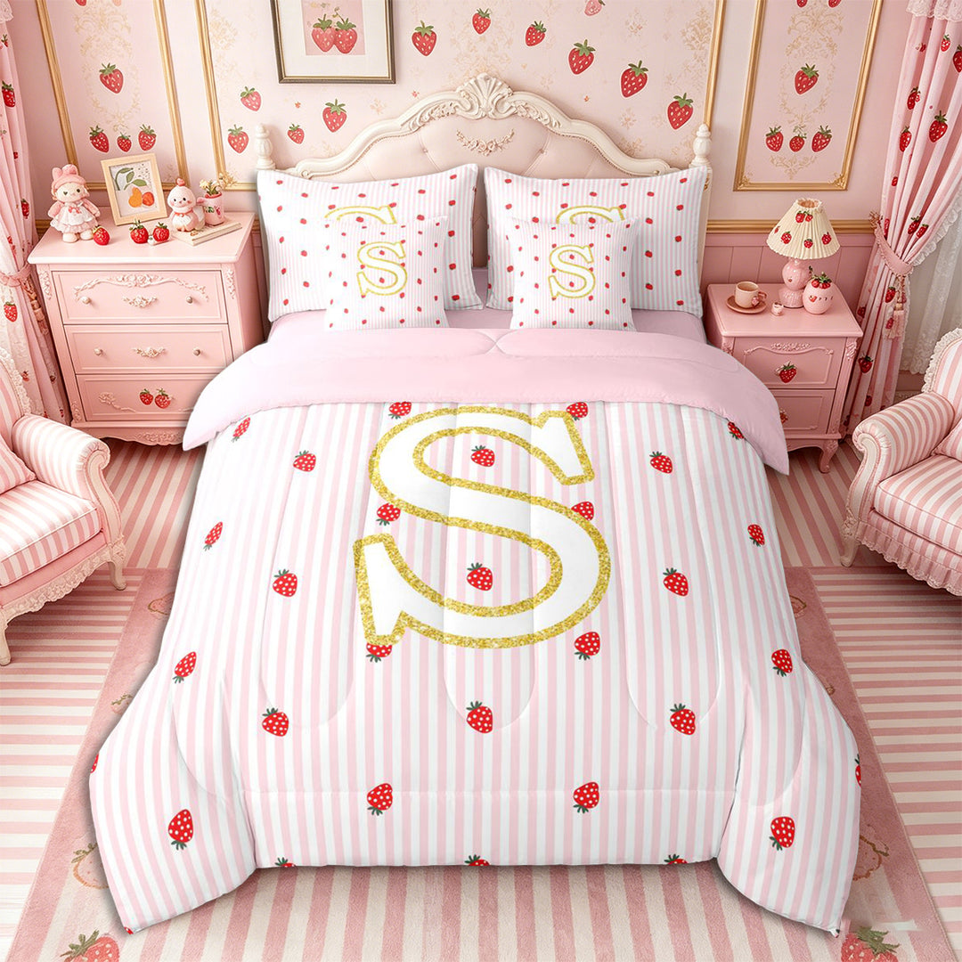 Meiyoeat Cute Gold Letter S Full Size Bedding Sets 7 Pieces for Girls, Strawberry Stripe Print Full Size Bed in a Bag, Pink Red,Pink Reversible