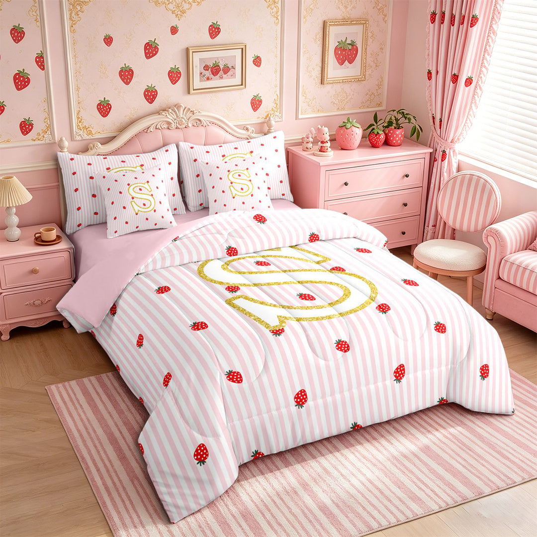 Meiyoeat Cute Gold Letter S Full Size Bedding Sets 7 Pieces for Girls, Strawberry Stripe Print Full Size Bed in a Bag, Pink Red,Pink Reversible