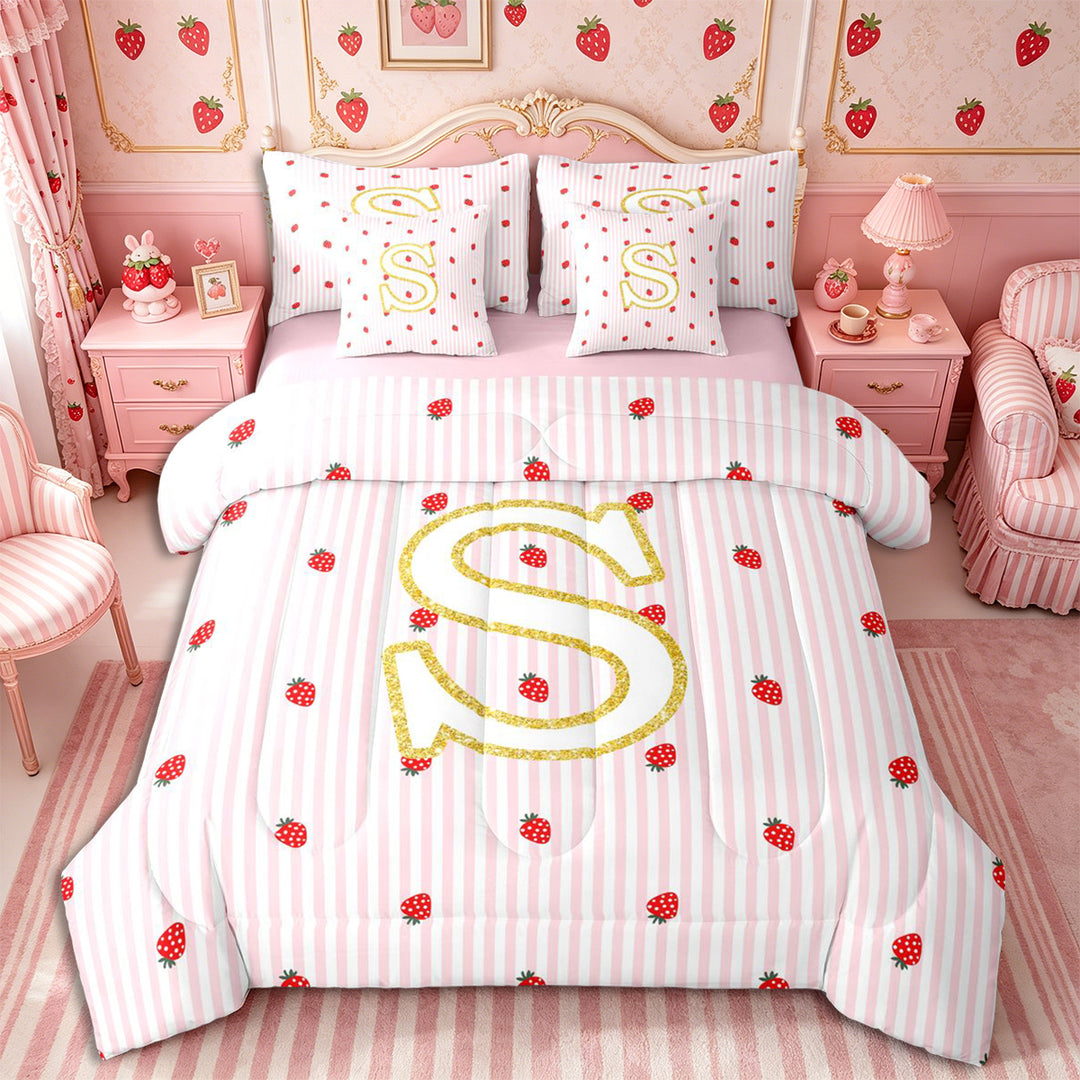 Meiyoeat Cute Gold Letter S Full Size Bedding Sets 7 Pieces for Girls, Strawberry Stripe Print Full Size Bed in a Bag, Pink Red,Pink Reversible