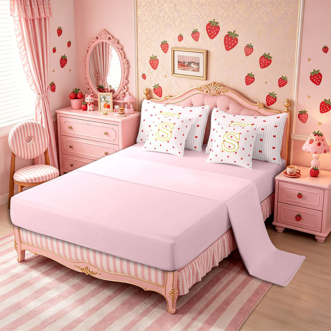 Meiyoeat Cute Gold Letter S Full Size Bedding Sets 7 Pieces for Girls, Strawberry Stripe Print Full Size Bed in a Bag, Pink Red,Pink Reversible