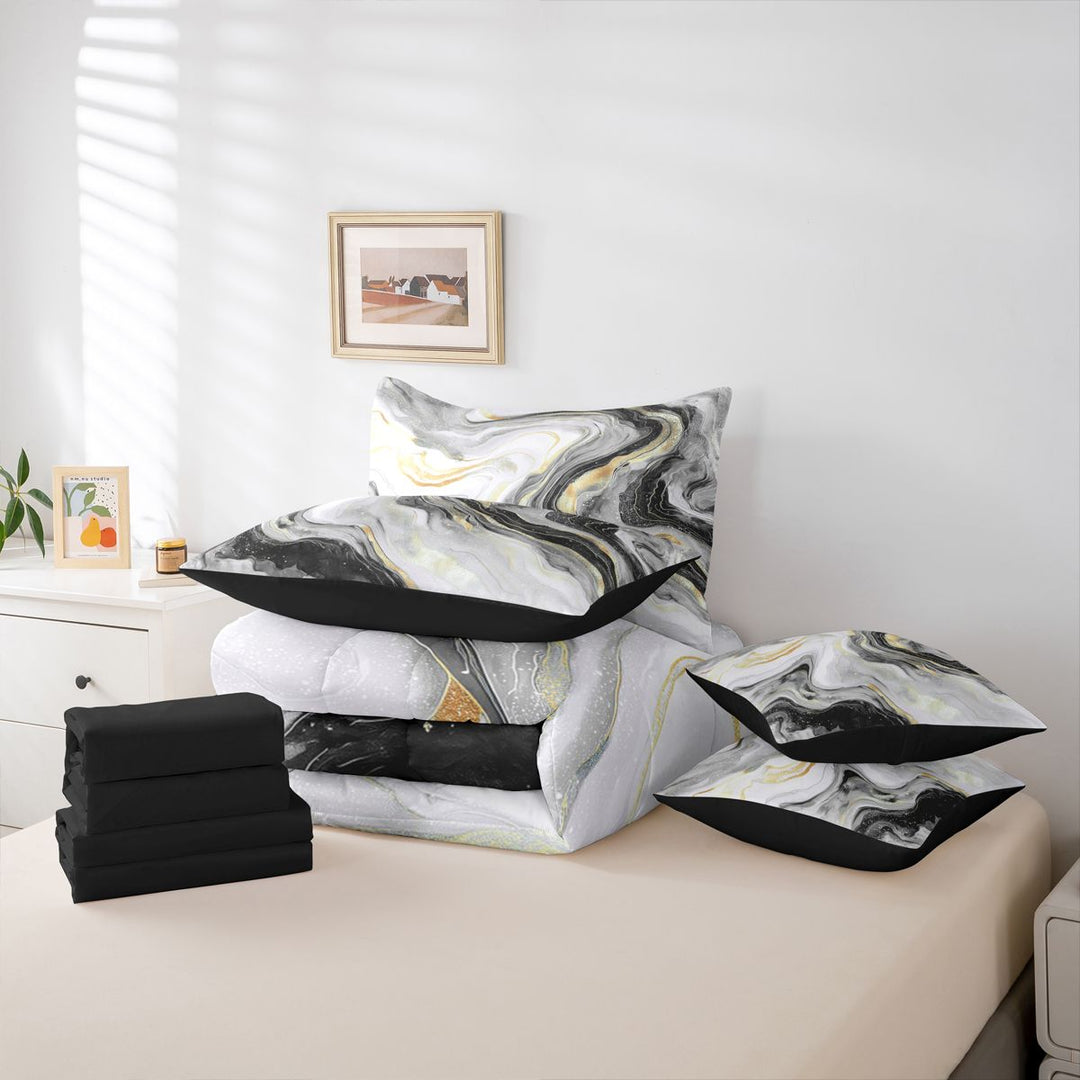 meiyoeat Modern Marble Art 7-Piece King Bedding For Women Men,Abstract Swirl Design King Bed in a Bag For Adults,Black Reversible