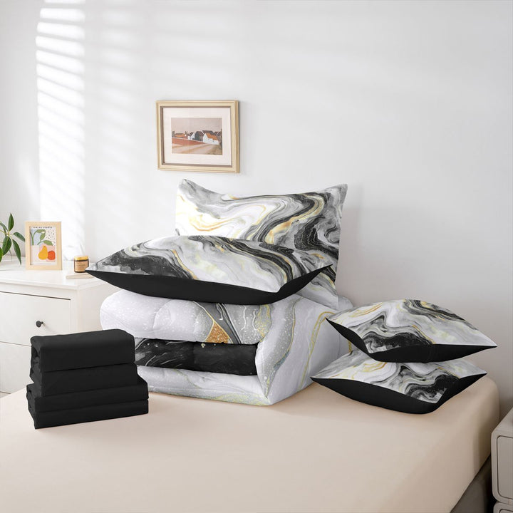 meiyoeat Modern Marble Art 7-Piece King Bedding For Women Men,Abstract Swirl Design King Bed in a Bag For Adults,Black Reversible