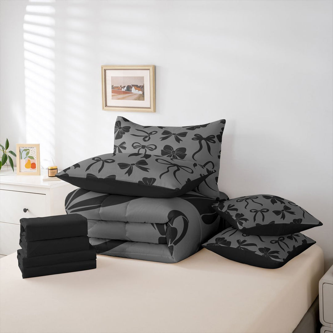 meiyoeat Black Bow 7 Pieces Full Size Bedding Sets For Girls,Cute Coquette Bowknot Full Size Bed in a Bag For Kids,Black Reversible