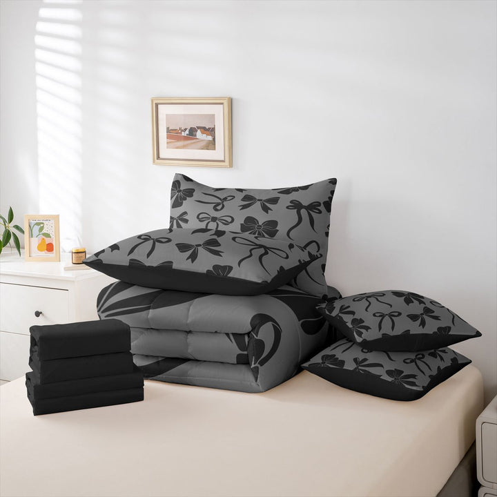 meiyoeat Black Bow 7 Pieces Full Size Bedding Sets For Girls,Cute Coquette Bowknot Full Size Bed in a Bag For Kids,Black Reversible