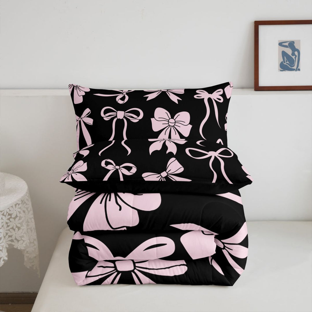 meiyoeat Pink Ribbon Bow Full Size Comforter Sets For Kids,Cute Minimalist Bow Bedding Comforter Set For Girls,Black Reversible,3pcs