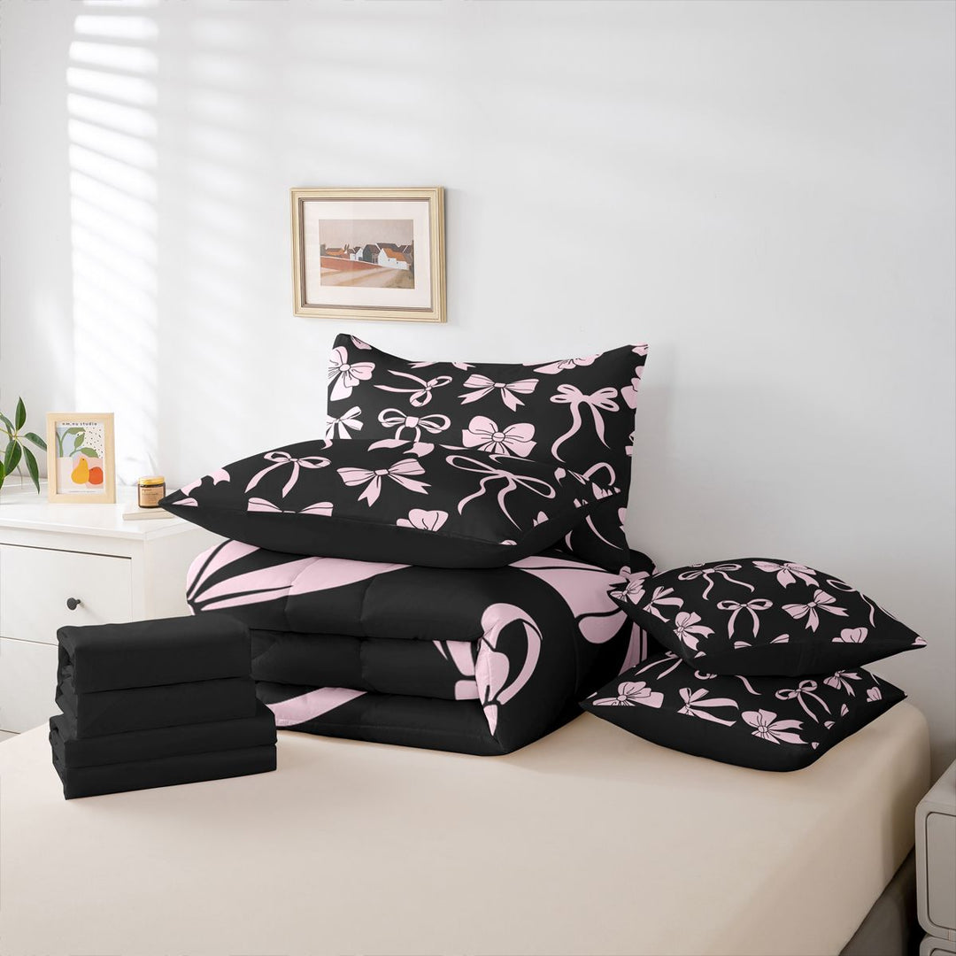 meiyoeat Pink Ribbon Bow 7 Pieces Full Size Bedding Sets For Kids,Cute Minimalist Bow Full Size Bed in a Bag For Girls,Black Reversible