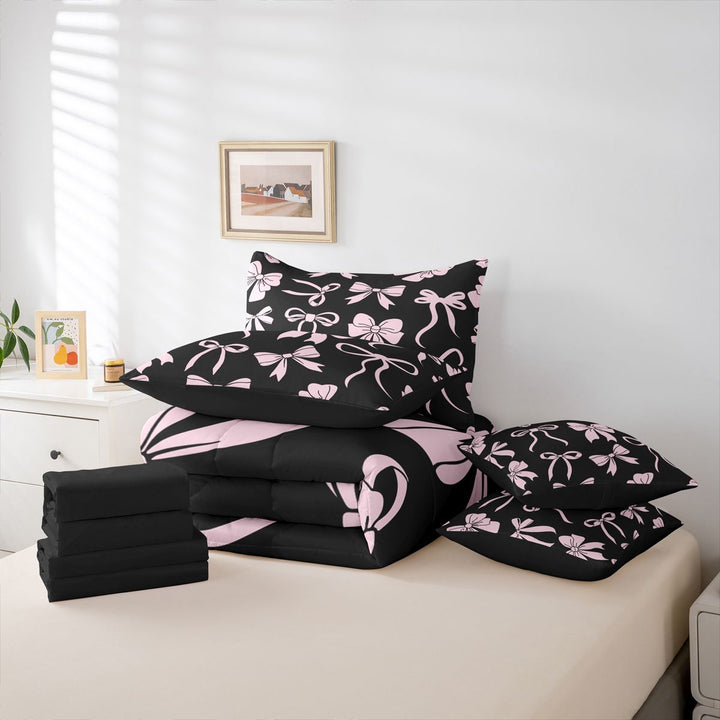meiyoeat Pink Ribbon Bow 7 Pieces Full Size Bedding Sets For Kids,Cute Minimalist Bow Full Size Bed in a Bag For Girls,Black Reversible