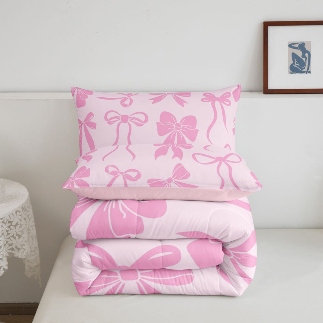 meiyoeat Pink Girly Bow Full Size Comforter Sets For Kids,Ribbon Bowknot Bedding Comforter Set For Bowtie Lovers,Pink Reversible,3-Piece