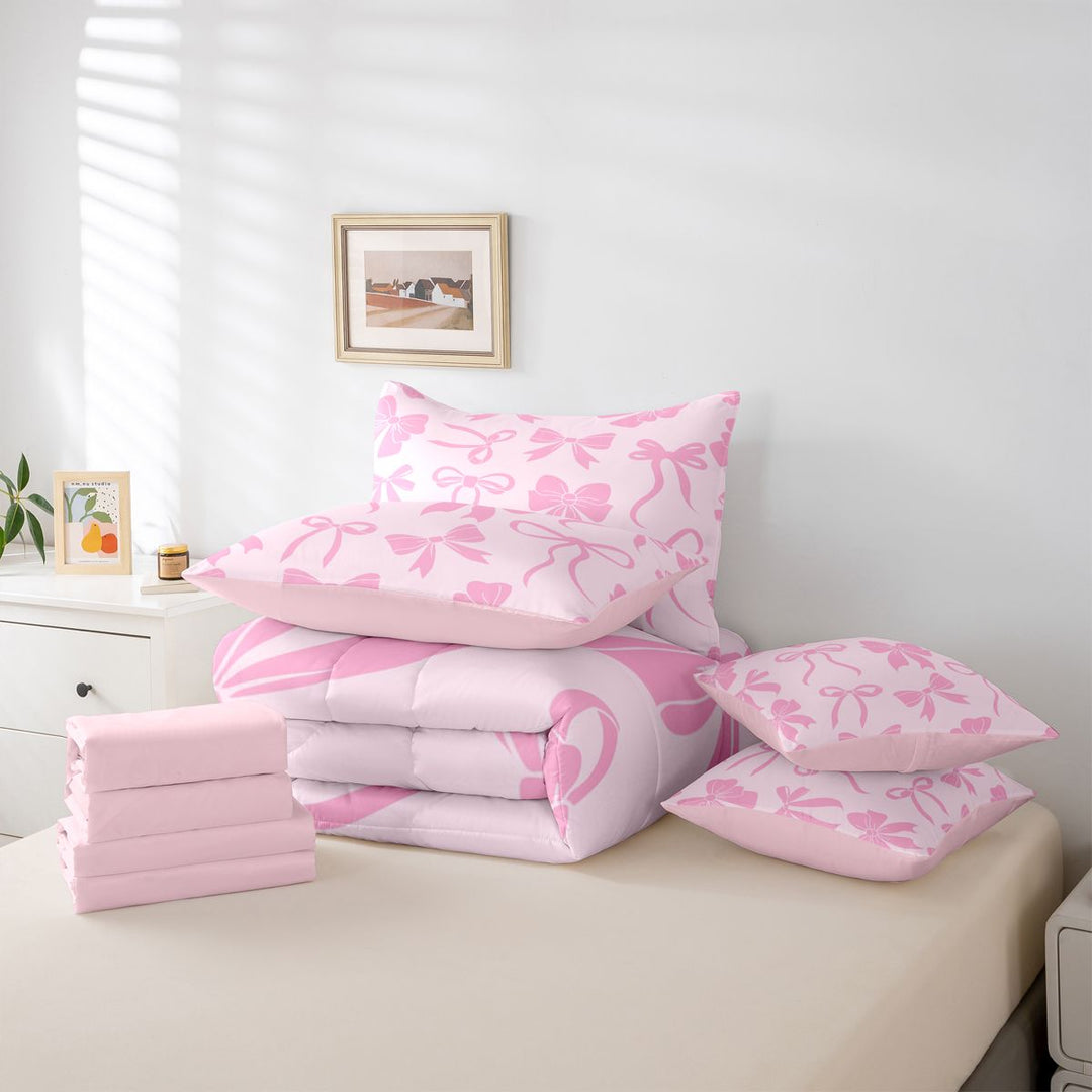 meiyoeat Pink Girly Bow 7 Pieces Full Size Bedding Sets For Kids,Ribbon Bowknot Full Size Bed in a Bag For Bowtie Lovers,Pink Reversible