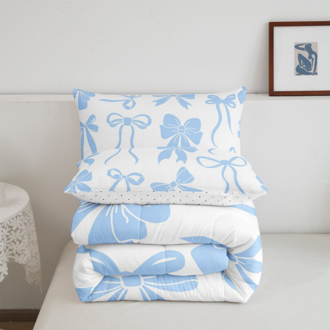 meiyoeat Blue Lovely Bow Full Size Comforter Sets For Girls,Dreamy Princess Bowknot Bedding Comforter Set For Kids,Reversible,3-Piece