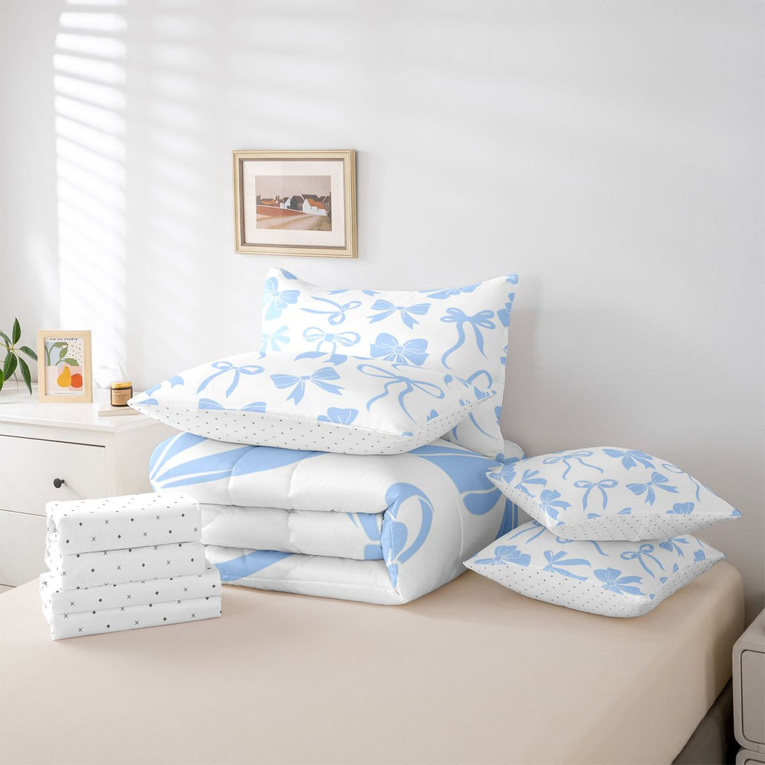 meiyoeat Blue Lovely Bow 7 Pieces Full Size Bedding Sets For Girls,Dreamy Princess Bowknot Full Size Bed in a Bag For Kids,Reversible