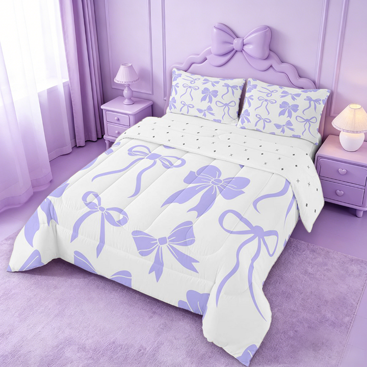 meiyoeat Purple Princess Bowknot Full Size Comforter Sets For Kids,Chic Ribbon Bow Tie Bedding Comforter Set For Girls,Reversible,3 Pieces