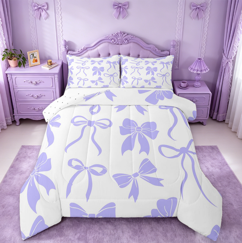 meiyoeat Purple Princess Bowknot Full Size Comforter Sets For Kids,Chic Ribbon Bow Tie Bedding Comforter Set For Girls,Reversible,3 Pieces
