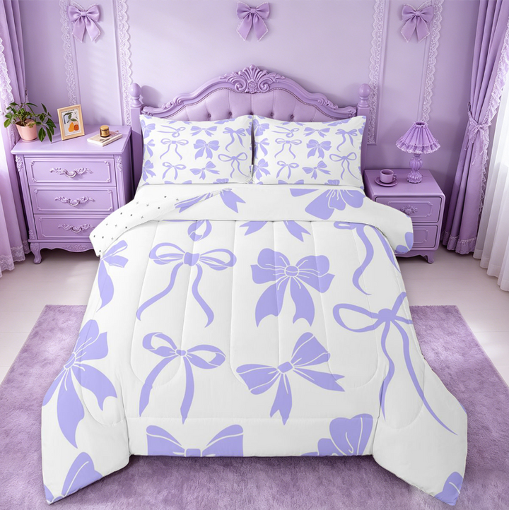meiyoeat Purple Princess Bowknot Full Size Comforter Sets For Kids,Chic Ribbon Bow Tie Bedding Comforter Set For Girls,Reversible,3 Pieces