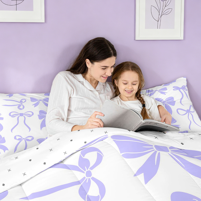 meiyoeat Purple Princess Bowknot Full Size Comforter Sets For Kids,Chic Ribbon Bow Tie Bedding Comforter Set For Girls,Reversible,3 Pieces