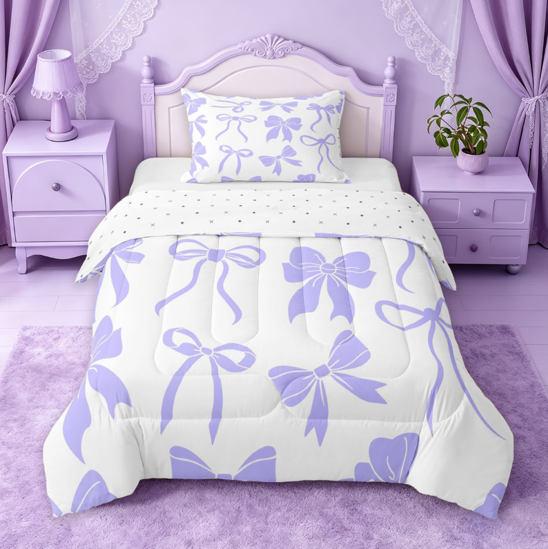 meiyoeat Purple Princess Bowknot Full Size Comforter Sets For Kids,Chic Ribbon Bow Tie Bedding Comforter Set For Girls,Reversible,3 Pieces