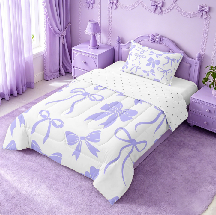 meiyoeat Purple Princess Bowknot Full Size Comforter Sets For Kids,Chic Ribbon Bow Tie Bedding Comforter Set For Girls,Reversible,3 Pieces