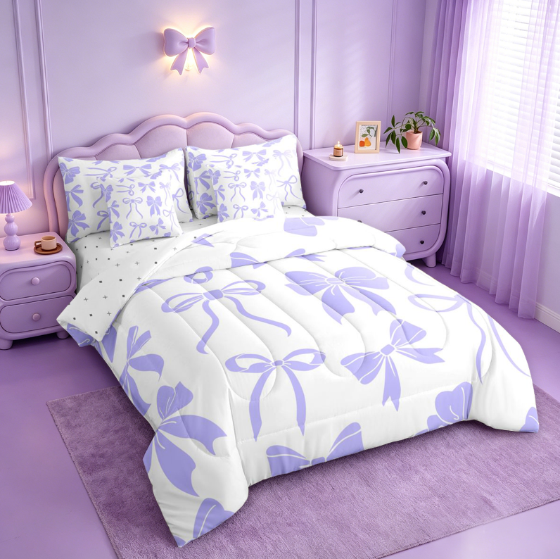 meiyoeat Purple Princess Bowknot 7 Pieces Full Size Bedding Sets For Kids,Chic Ribbon Bow Tie Full Size Bed in a Bag For Girls,Reversible