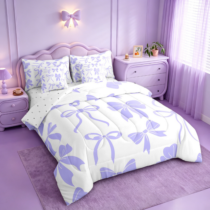 meiyoeat Purple Princess Bowknot 7 Pieces Full Size Bedding Sets For Kids,Chic Ribbon Bow Tie Full Size Bed in a Bag For Girls,Reversible
