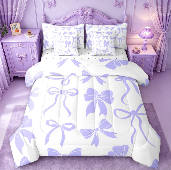 meiyoeat Purple Princess Bowknot 7 Pieces Full Size Bedding Sets For Kids,Chic Ribbon Bow Tie Full Size Bed in a Bag For Girls,Reversible