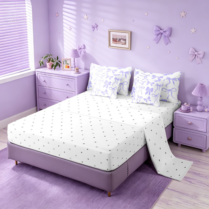 meiyoeat Purple Princess Bowknot 7 Pieces Full Size Bedding Sets For Kids,Chic Ribbon Bow Tie Full Size Bed in a Bag For Girls,Reversible