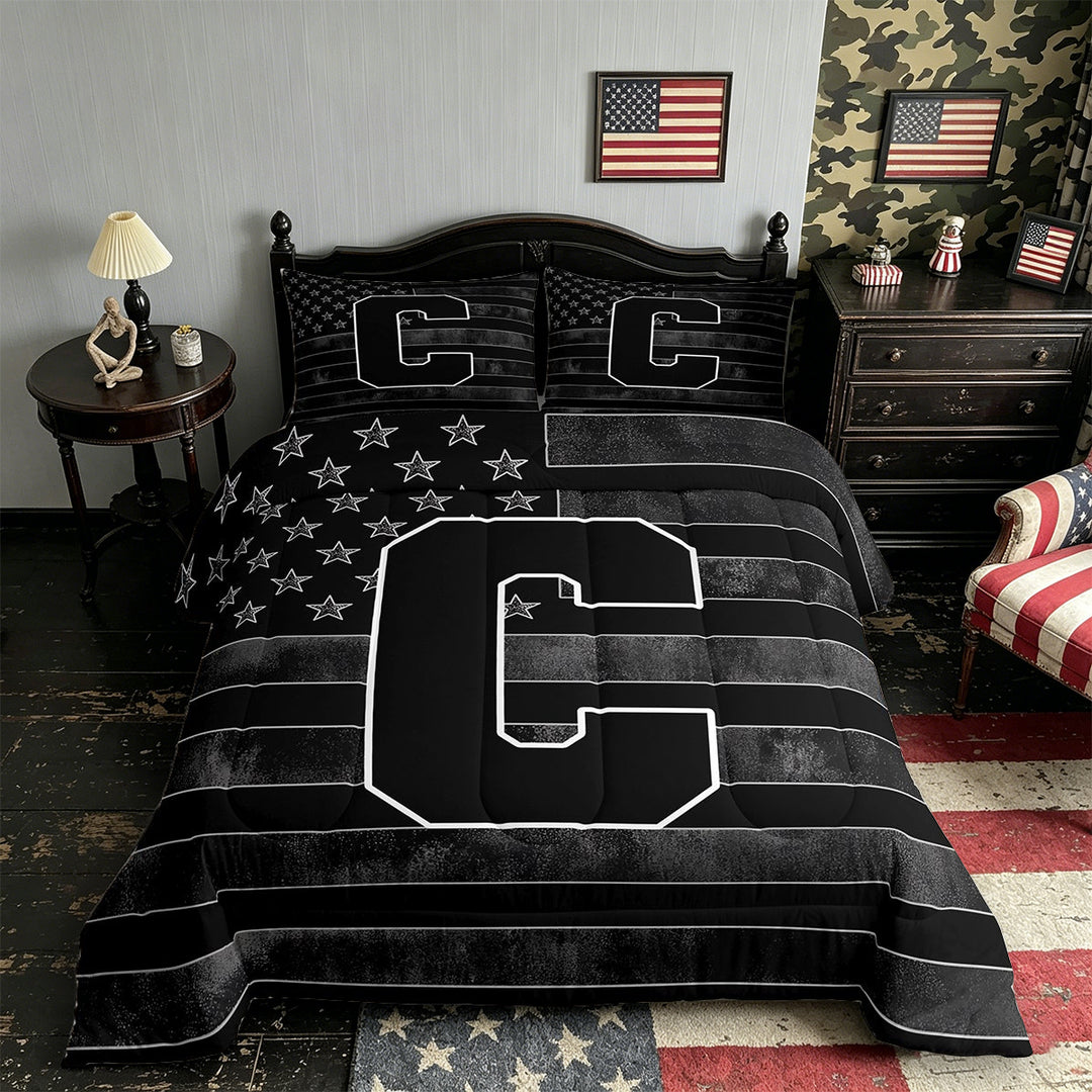 Meiyoeat Retro American Flag Letter C King Size Comforter Sets 3-Piece for Men Adults, Classic Alphabet Bedding Comforter Set for Daily, Black Gray White,Black Reversible