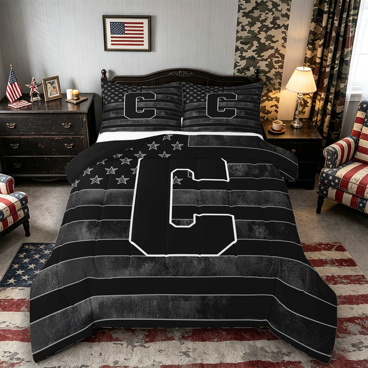 Meiyoeat Retro American Flag Letter C King Size Comforter Sets 3-Piece for Men Adults, Classic Alphabet Bedding Comforter Set for Daily, Black Gray White,Black Reversible