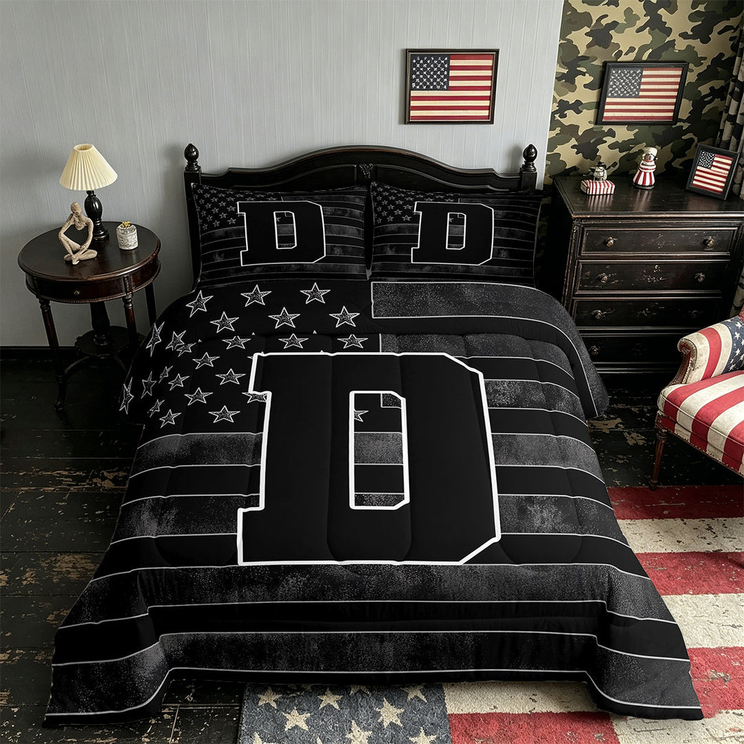 Meiyoeat Grunge US Flag Letter D King Size Comforter Sets 3-Piece for Men Juniors, Cool Graphic Bedding Comforter Set, Black Gray White,Black Reversible