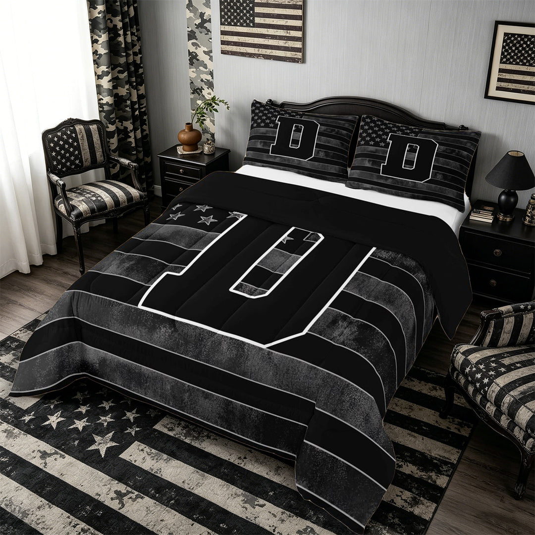 Meiyoeat Grunge US Flag Letter D King Size Comforter Sets 3-Piece for Men Juniors, Cool Graphic Bedding Comforter Set, Black Gray White,Black Reversible