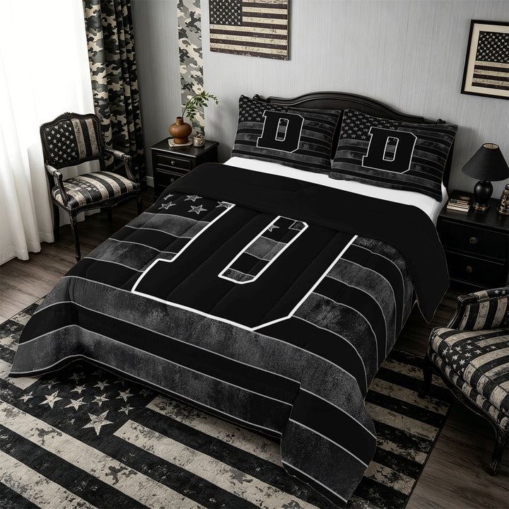 Meiyoeat Grunge US Flag Letter D King Size Comforter Sets 3-Piece for Men Juniors, Cool Graphic Bedding Comforter Set, Black Gray White,Black Reversible